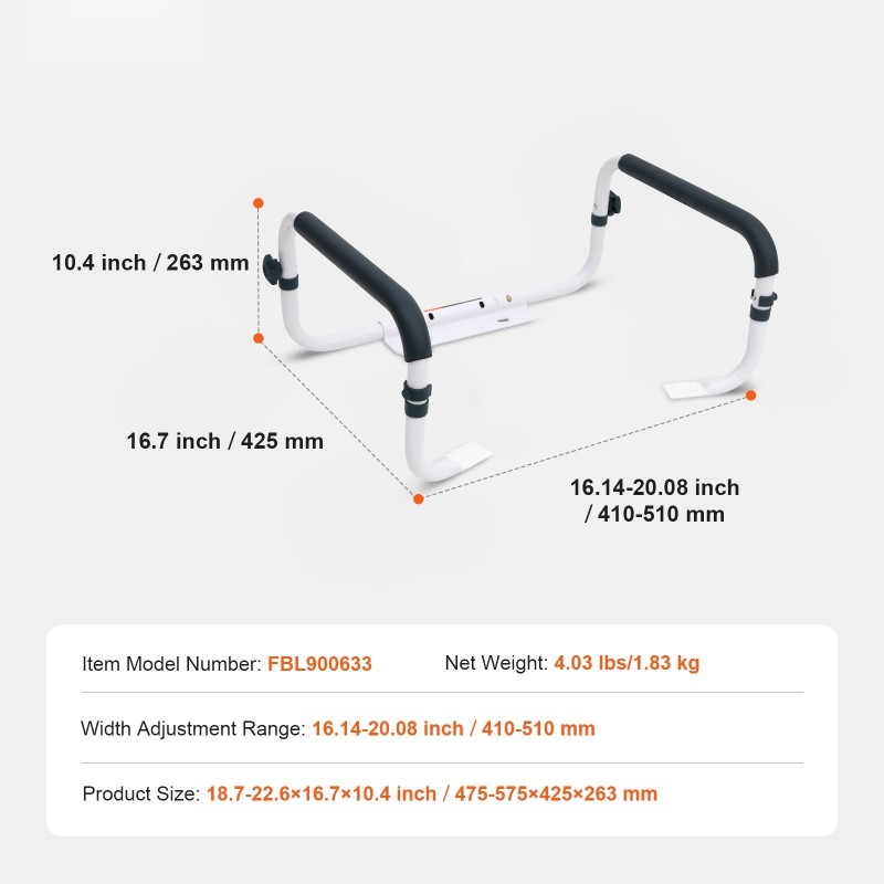 Wc-turvakaide teräs säädettävä leveys 410–510 mm pehmustetut käsinojat 136 kg helppo asennus