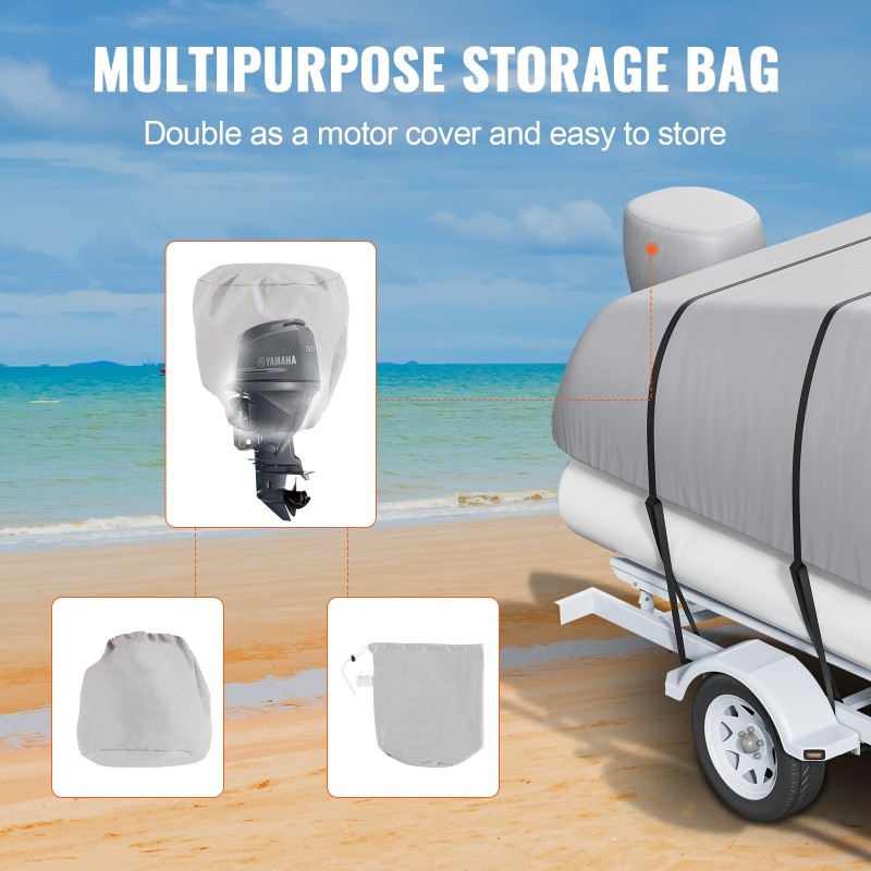 Ponttooniveneen suojapeite 800D-oxford-kangas PU-pinnoitettu 5790–6090 mm leveys 2430 mm harmaa moottorinsuojalla