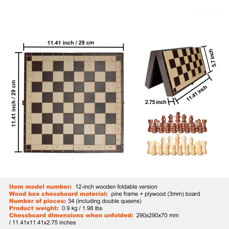 Puinen magneettinen shakkipeli kaksitoistatuumainen taitettava lauta kaksi lisäkuningatarta sisäisellä säilytyslokerolla