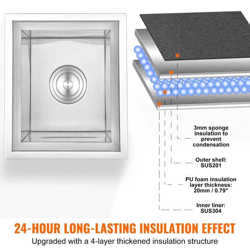 Upotettava ruostumattomasta teräksestä valmistettu jääastia 25,3 l 20 mm PU-vaahto tyhjennysputki mukana