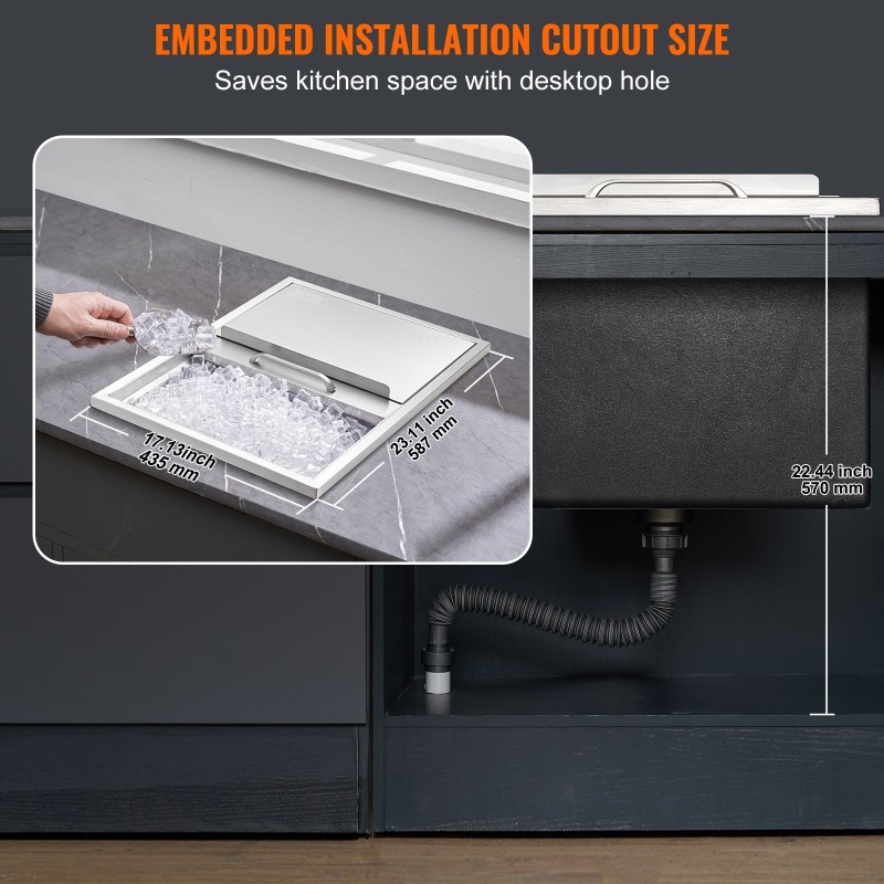 Upotettava jääallas ruostumattomasta teräksestä 61 cm 46 cm 33 cm 55 l