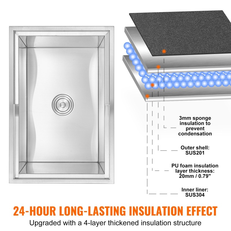 Upotettava jäälaatikko ruostumatonta terästä 109,5 l kansi tyhjennysputki