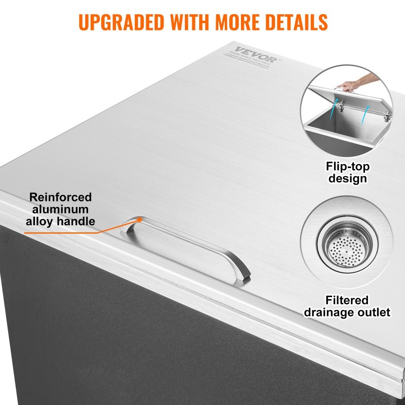 Upotettava jäälokero SUS304 ja SUS201 ruostumattomasta teräksestä 82,6 l viemäriputkella ja tyhjennystulpalla