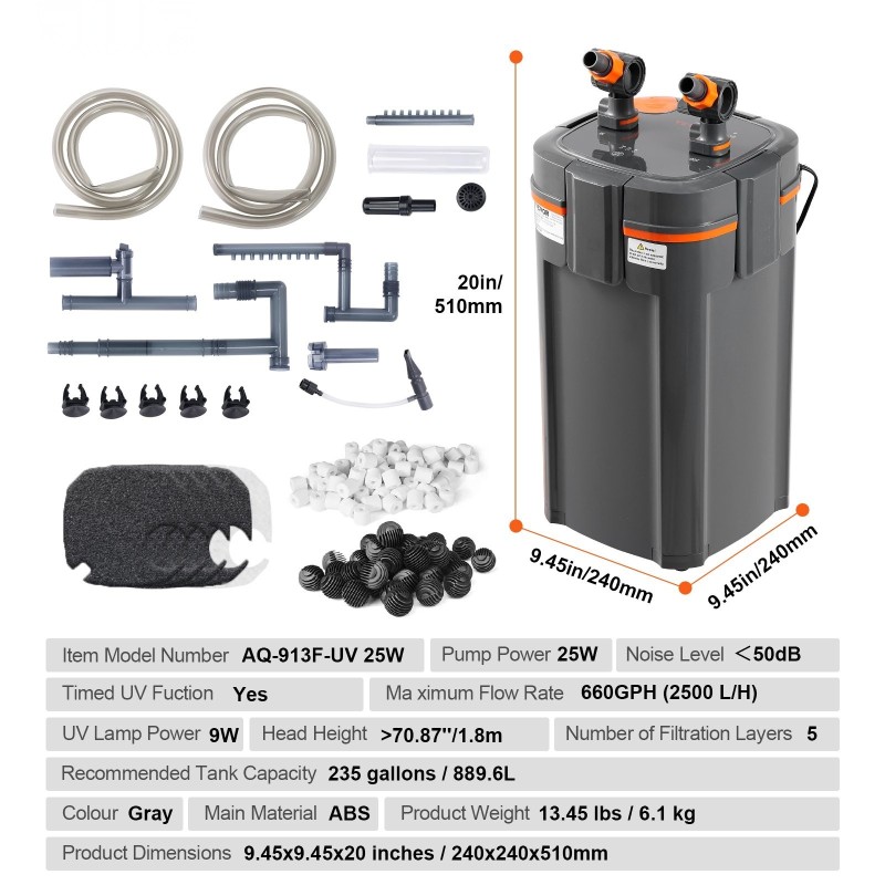 Ulkosuodatin akvaarioon 889,6 l 25W pumppu 9W UV-lamppu 5-kerroksinen ABS-muovi