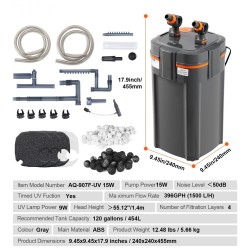 Ulkosuodatin akvaariolle 454 L 15W pumppu 9W UV-lamppu hiljainen