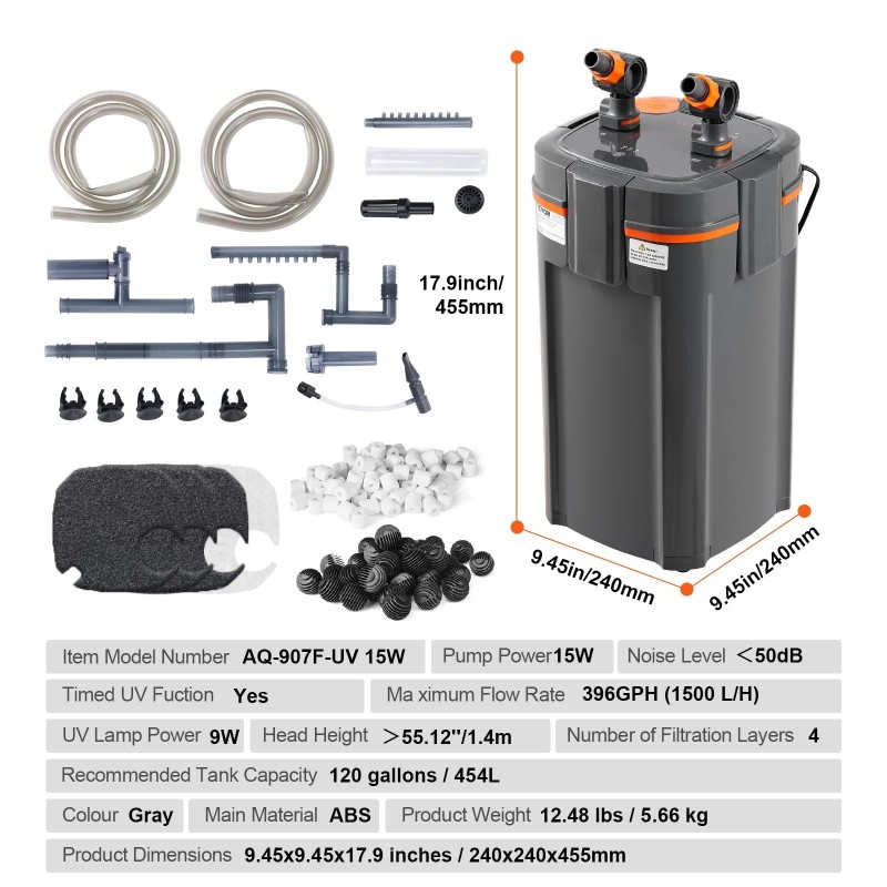 Ulkosuodatin akvaariolle 454 L 15W pumppu 9W UV-lamppu hiljainen