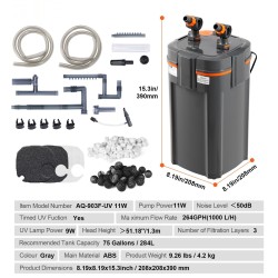 Akvaarion ulkosuodatin ABS-muovi 284 litran hiljainen 11 watin pumppu 9 watin UV-ajastin