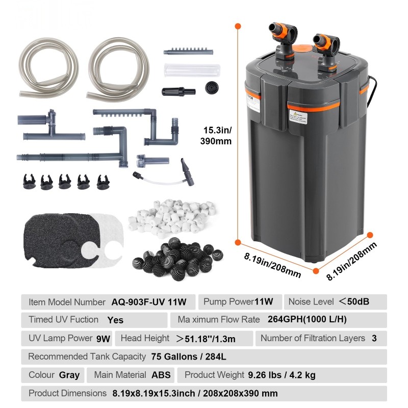 Akvaarion ulkosuodatin ABS-muovi 284 litran hiljainen 11 watin pumppu 9 watin UV-ajastin