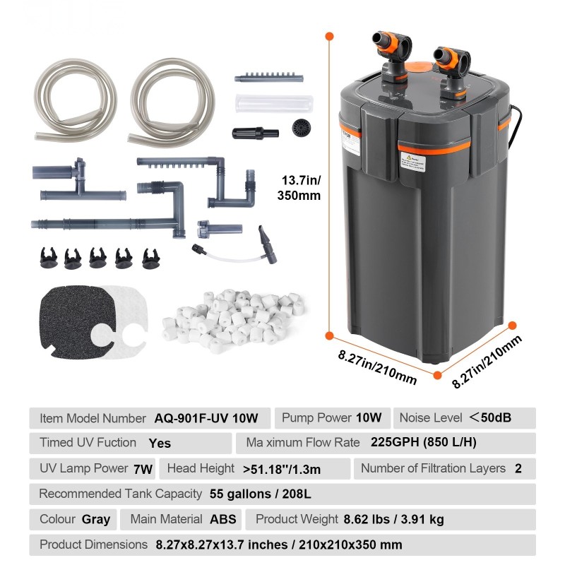 Sisäinen akvaariosuodatin ABS-muovi 208 l 850 l tunnissa 10W 2-vaiheinen UV-ajastin