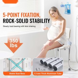 Suihkutuoli selkänojalla säädettävä korkeus 390–520 millimetriä alumiiniseosrunko polyeteeni-istuin kantavuus 158,8 kg