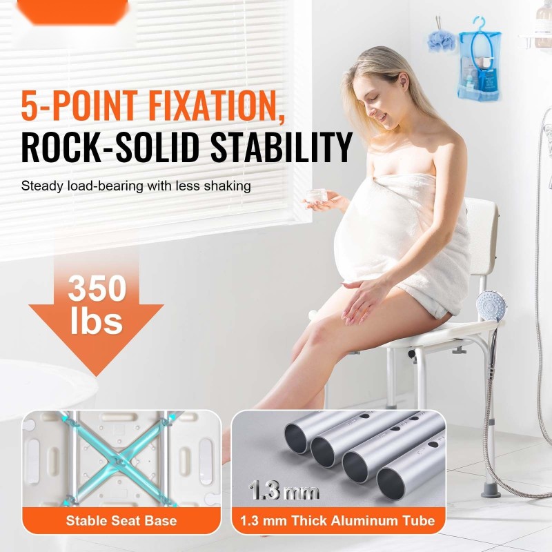 Suihkutuoli selkänojalla säädettävä korkeus 390–520 millimetriä alumiiniseosrunko polyeteeni-istuin kantavuus 158,8 kg