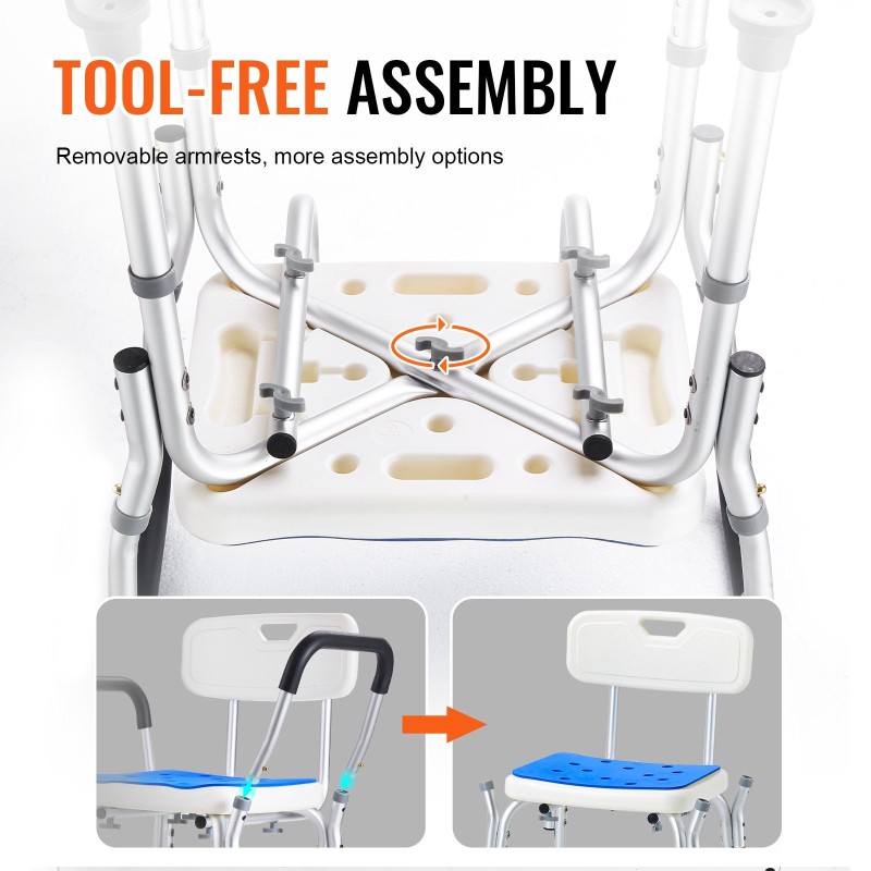 Suihkutuoli alumiiniseosrunko säädettävä korkeus 181 kg kantavuus irrotettava selkänoja liukumattomat jalat