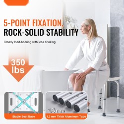 Suihkujakkara alumiinirunko muovinen istuin 6-portainen korkeussäätö 360–485 mm sisäänrakennetut kahvat liukuestejalat