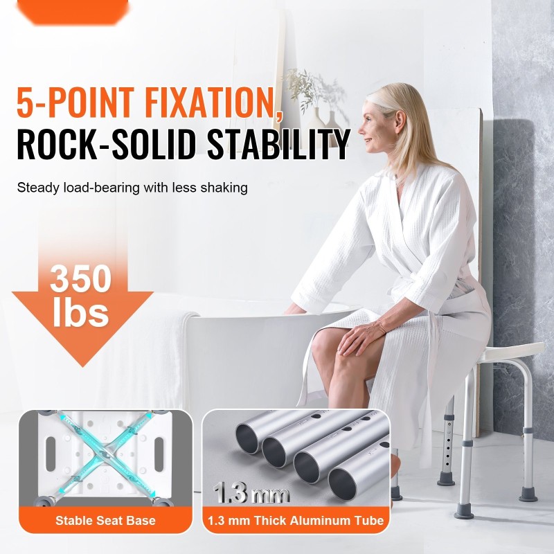 Suihkujakkara alumiinirunko muovinen istuin 6-portainen korkeussäätö 360–485 mm sisäänrakennetut kahvat liukuestejalat