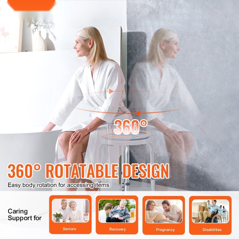 Suihkujakkara alumiiniseosrunko PP-muovinen istuin korkeussäädettävä 360 asteen kääntyvä 136 kg kantavuus