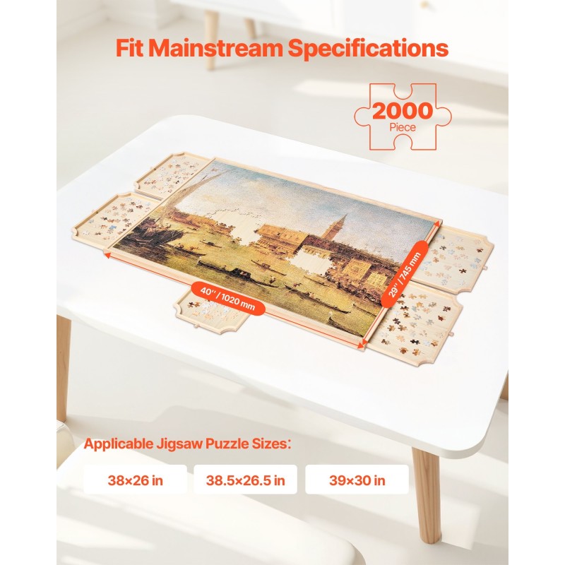 Palapelialusta mäntyinen kääntyvä 102x74 cm 5 laatikkoa irrotettava kansi sopii 2000 palalle