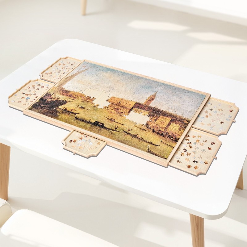 Palapelialusta mäntyinen kääntyvä 102x74 cm 5 laatikkoa irrotettava kansi sopii 2000 palalle