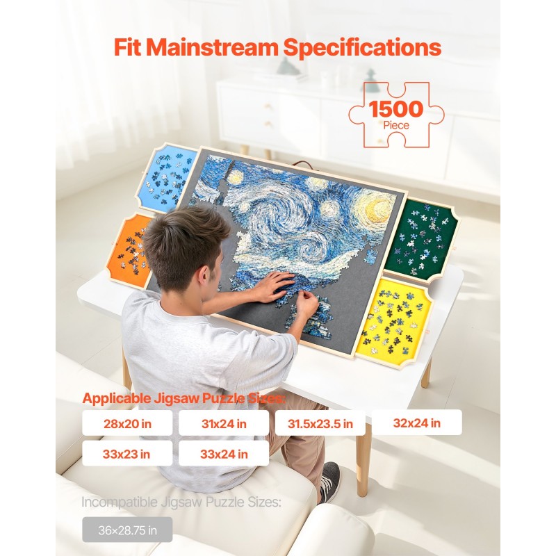 Palapelialusta mänty 1500 palaa 865x635 mm kääntyvä 2 kallistuskulmaa 4 huopalaatikkoa