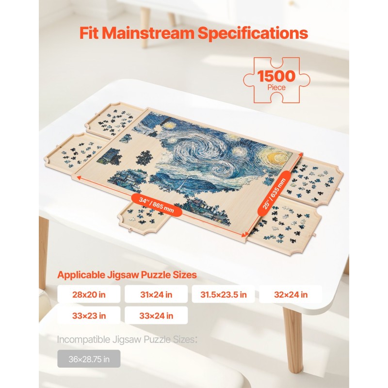 Palapelialusta mänty 865x635 mm kääntyvä 1500 palalle 5 vetolaatikkoa