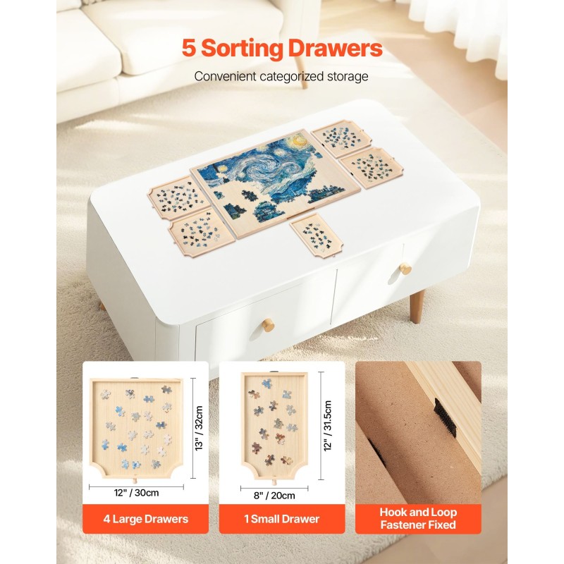 Palapelialusta mänty 865x635 mm kääntyvä 1500 palalle 5 vetolaatikkoa