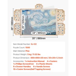 Palapelialusta mänty 865x635 mm kääntyvä 1500 palalle 5 vetolaatikkoa