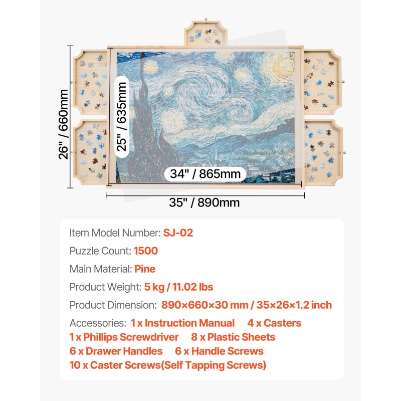 Palapelialusta mänty 865x635 mm kääntyvä 1500 palalle 5 vetolaatikkoa