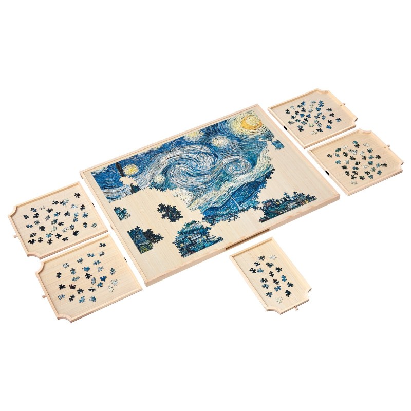 Palapelialusta mänty 865x635 mm kääntyvä 1500 palalle 5 vetolaatikkoa