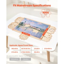 Pyörivä mäntypuinen palapelialusta 1000 palalle 74x53cm 5 laatikkoa irrotettavalla kannella