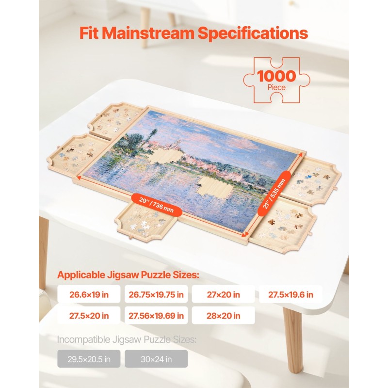 Pyörivä mäntypuinen palapelialusta 1000 palalle 74x53cm 5 laatikkoa irrotettavalla kannella