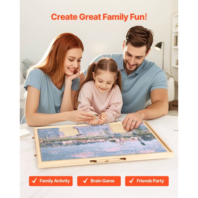 Pyörivä mäntypuinen palapelialusta 1000 palalle 74x53cm 5 laatikkoa irrotettavalla kannella