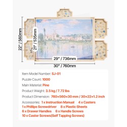 Pyörivä mäntypuinen palapelialusta 1000 palalle 74x53cm 5 laatikkoa irrotettavalla kannella