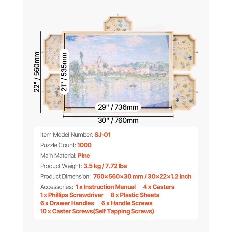 Pyörivä mäntypuinen palapelialusta 1000 palalle 74x53cm 5 laatikkoa irrotettavalla kannella