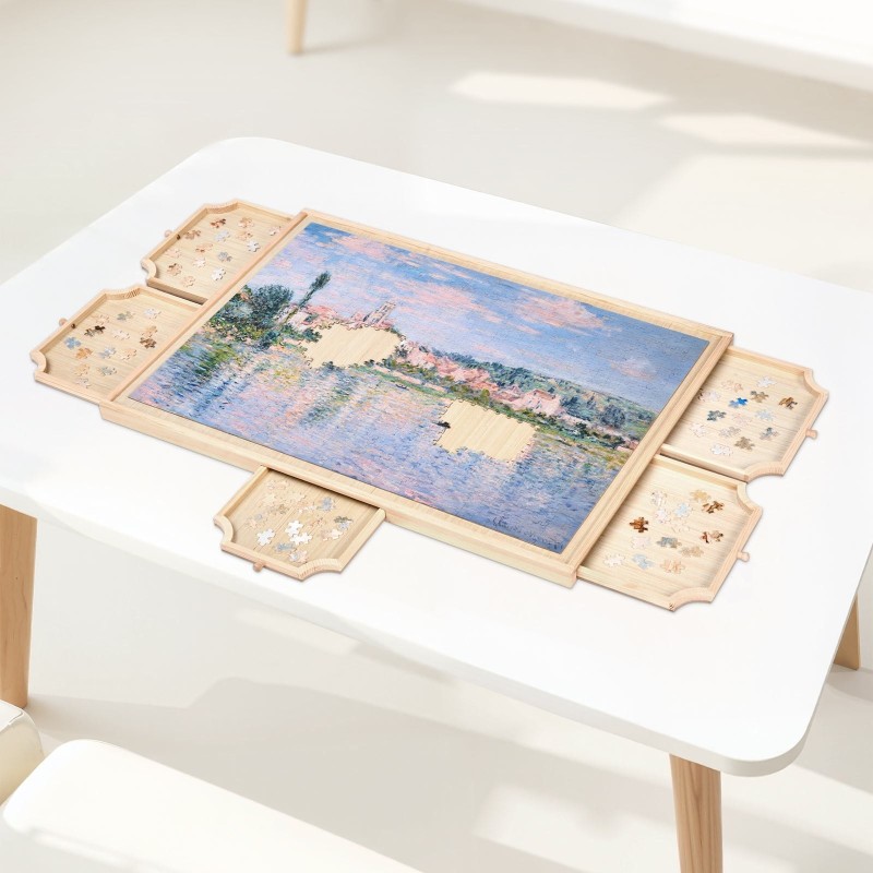 Pyörivä mäntypuinen palapelialusta 1000 palalle 74x53cm 5 laatikkoa irrotettavalla kannella