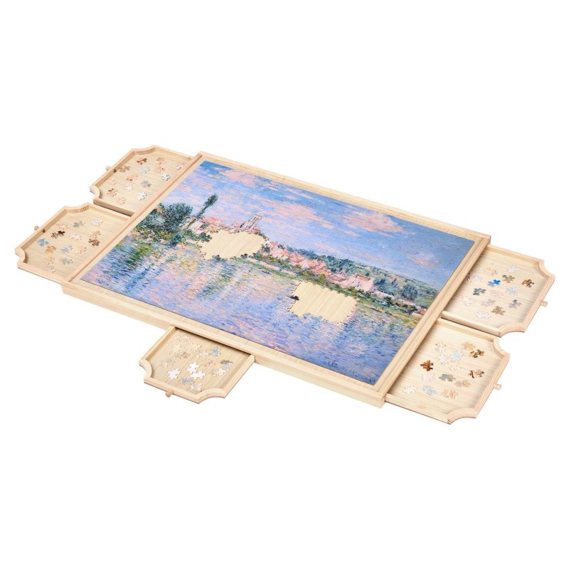 Pyörivä mäntypuinen palapelialusta 1000 palalle 74x53cm 5 laatikkoa irrotettavalla kannella