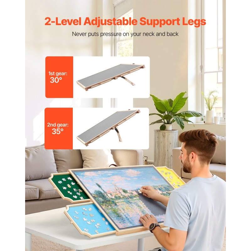 Palapelialusta mänty 73x53 cm kääntyvä 360 astetta 4 huopalaatikkoa 1000 palan