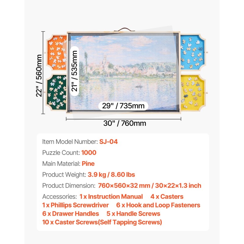 Palapelialusta mänty 73x53 cm kääntyvä 360 astetta 4 huopalaatikkoa 1000 palan