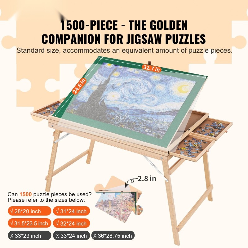 Palapelipöytä mäntyinen 1500 palan kolmiportaisesti kallistettava neljä laatikkoa läpinäkyvä kansi