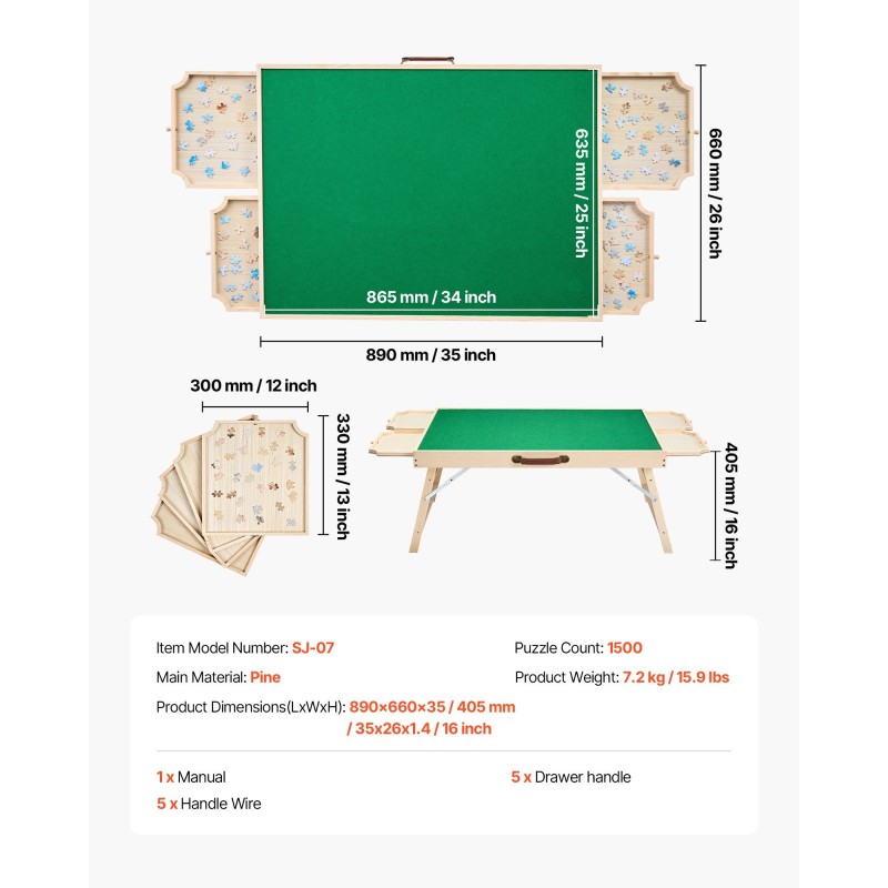 Palapelipöytä mänty 86x63 cm jopa 1500 palaa huopapinta 4 vetolaatikkoa