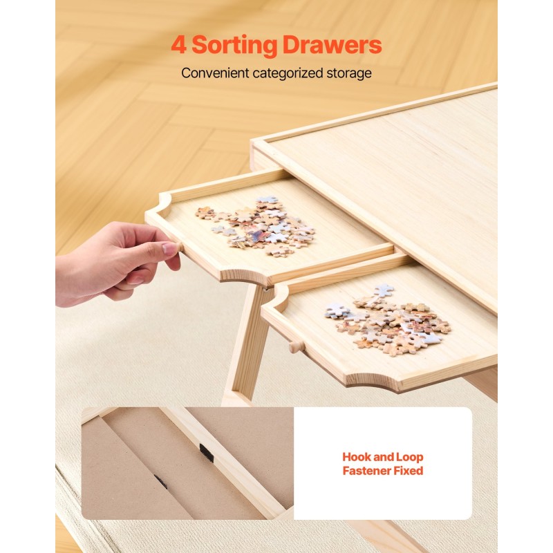 Palapelipöytä mänty 1500 palaa 865x635 mm taitettavat jalat 4 vetolaatikkoa