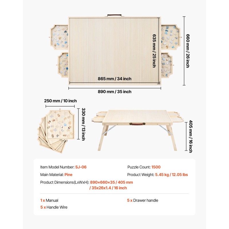 Palapelipöytä mänty 1500 palaa 865x635 mm taitettavat jalat 4 vetolaatikkoa