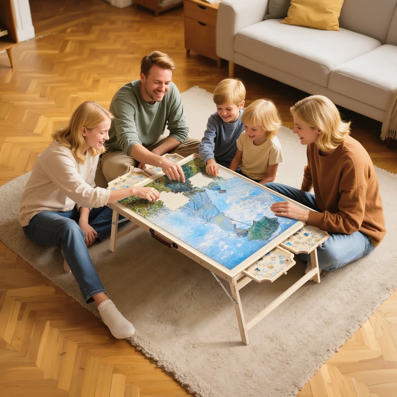 Palapelipöytä mänty 1500 palaa 865x635 mm taitettavat jalat 4 vetolaatikkoa