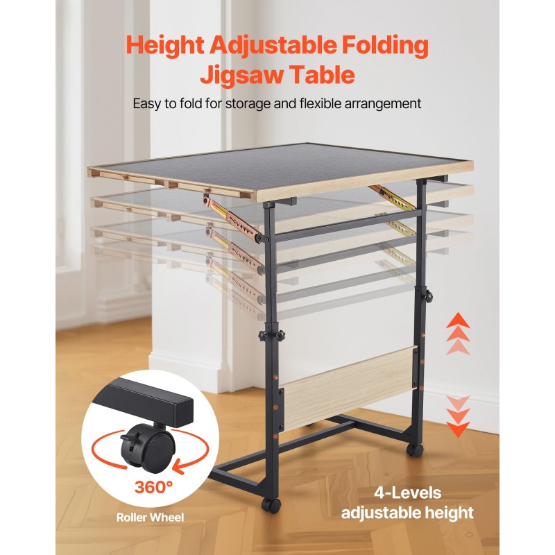 Palapelipöytä mänty 1500 palan 86x63 cm pyörillä säädettävällä korkeudella 4 vetolaatikkoa