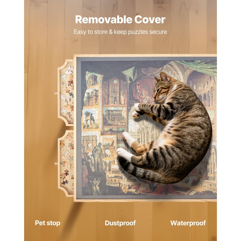 Palapelipöytä mänty 1500 palan 86x63 cm pyörillä säädettävällä korkeudella 4 vetolaatikkoa