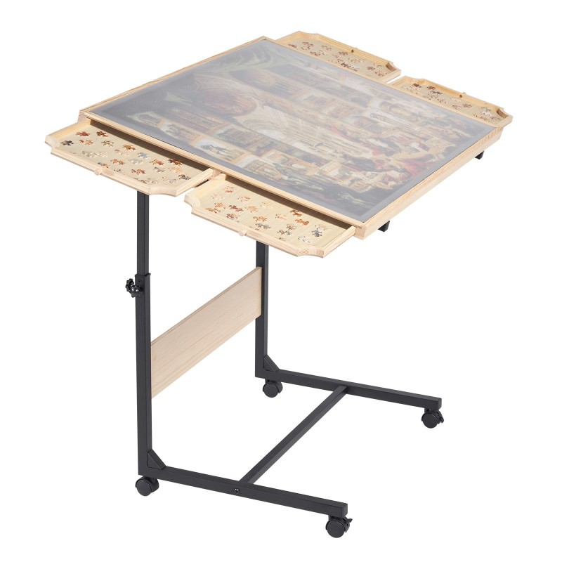 Palapelipöytä mänty 1500 palan 86x63 cm pyörillä säädettävällä korkeudella 4 vetolaatikkoa