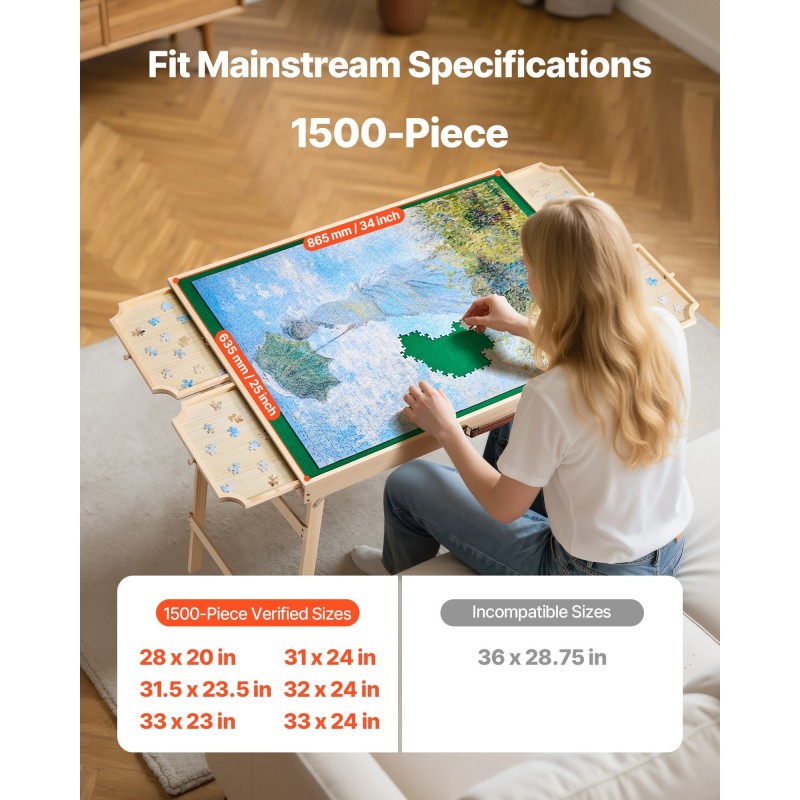 Palapelipöytä mäntyinen 86x63 cm huopapinnalla 1500 palan palapeleille 4 laatikkoa