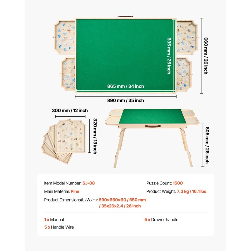 Palapelipöytä mäntyinen 86x63 cm huopapinnalla 1500 palan palapeleille 4 laatikkoa