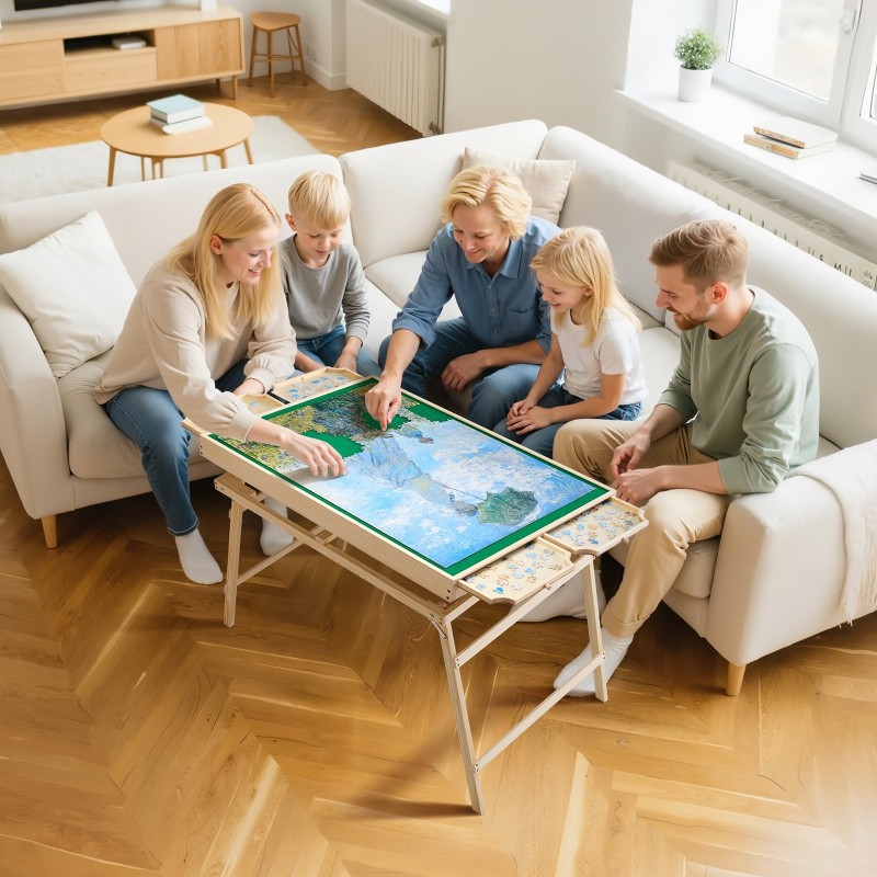 Palapelipöytä mäntyinen 86x63 cm huopapinnalla 1500 palan palapeleille 4 laatikkoa