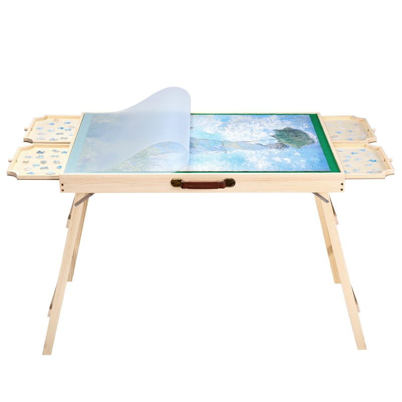 Palapelipöytä mäntyinen 86x63 cm huopapinnalla 1500 palan palapeleille 4 laatikkoa