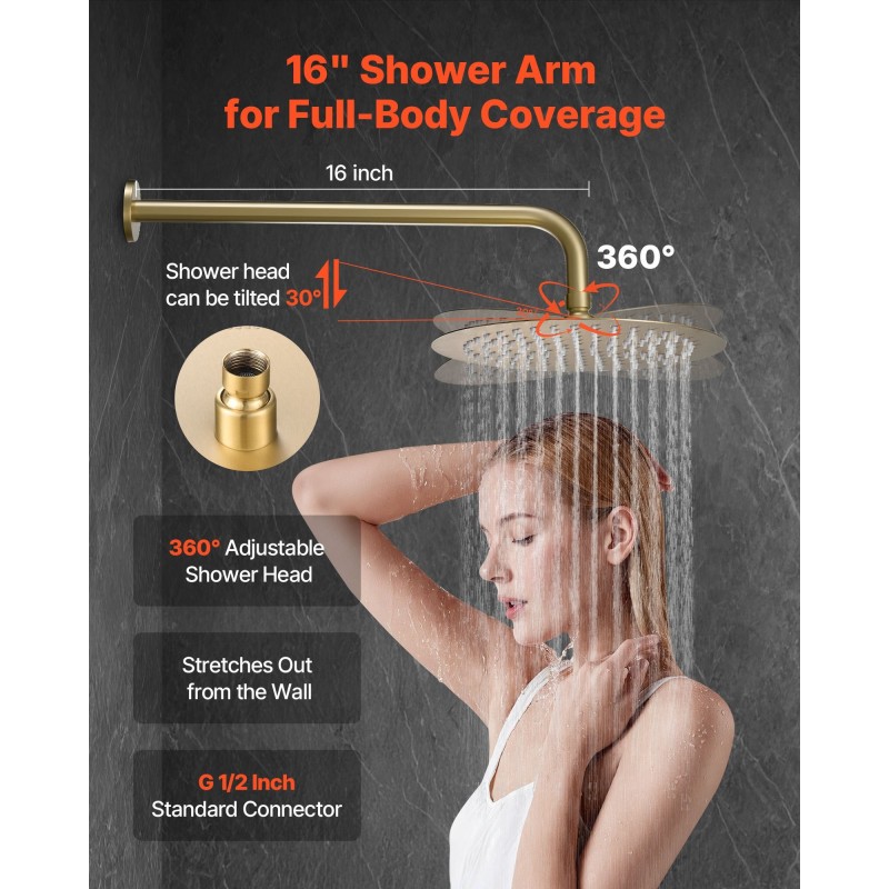 Sadesuihkusetti seinäasennus 10-tuumainen pyöreä suihkupää käsisuihku 1,5 m letku messinkiventtiili harjattu kulta