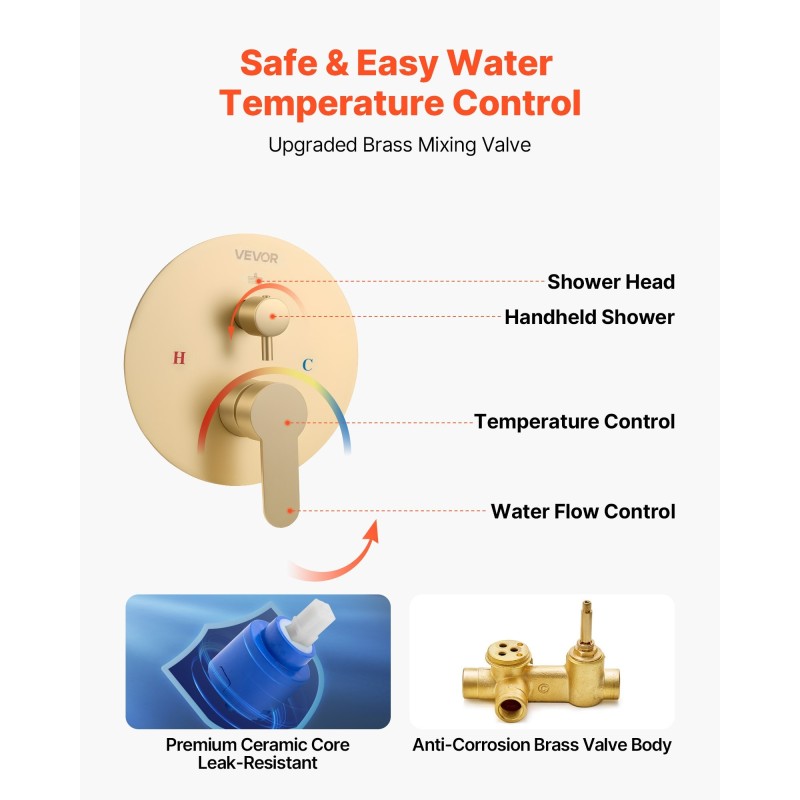 Sadesuihkusetti seinäasennus 10-tuumainen pyöreä suihkupää käsisuihku 1,5 m letku messinkiventtiili harjattu kulta